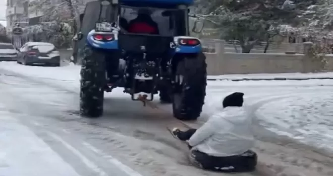 Adıyaman’da traktöre halat bağlayıp kaydılar!